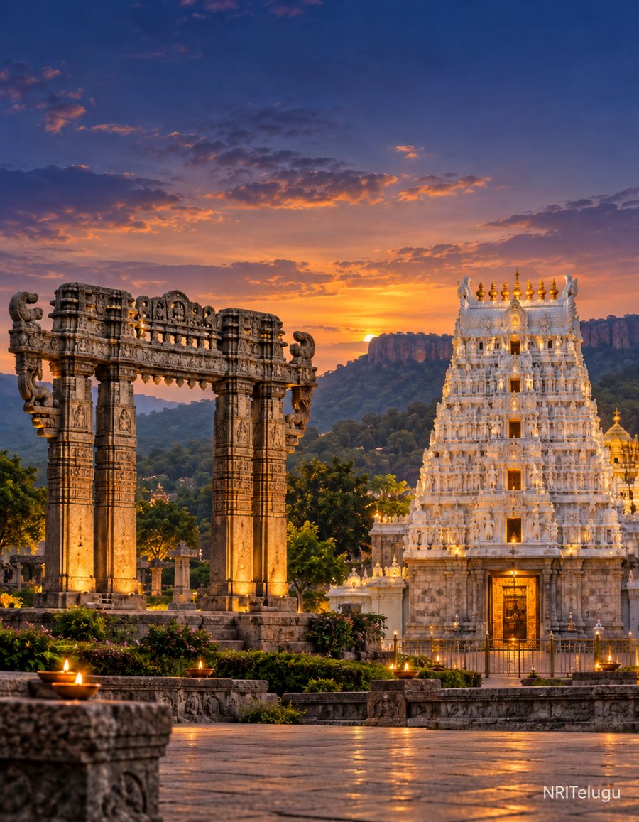 The Kakatiya Kala Thoranam beside a South Indian temple gopuram at dusk